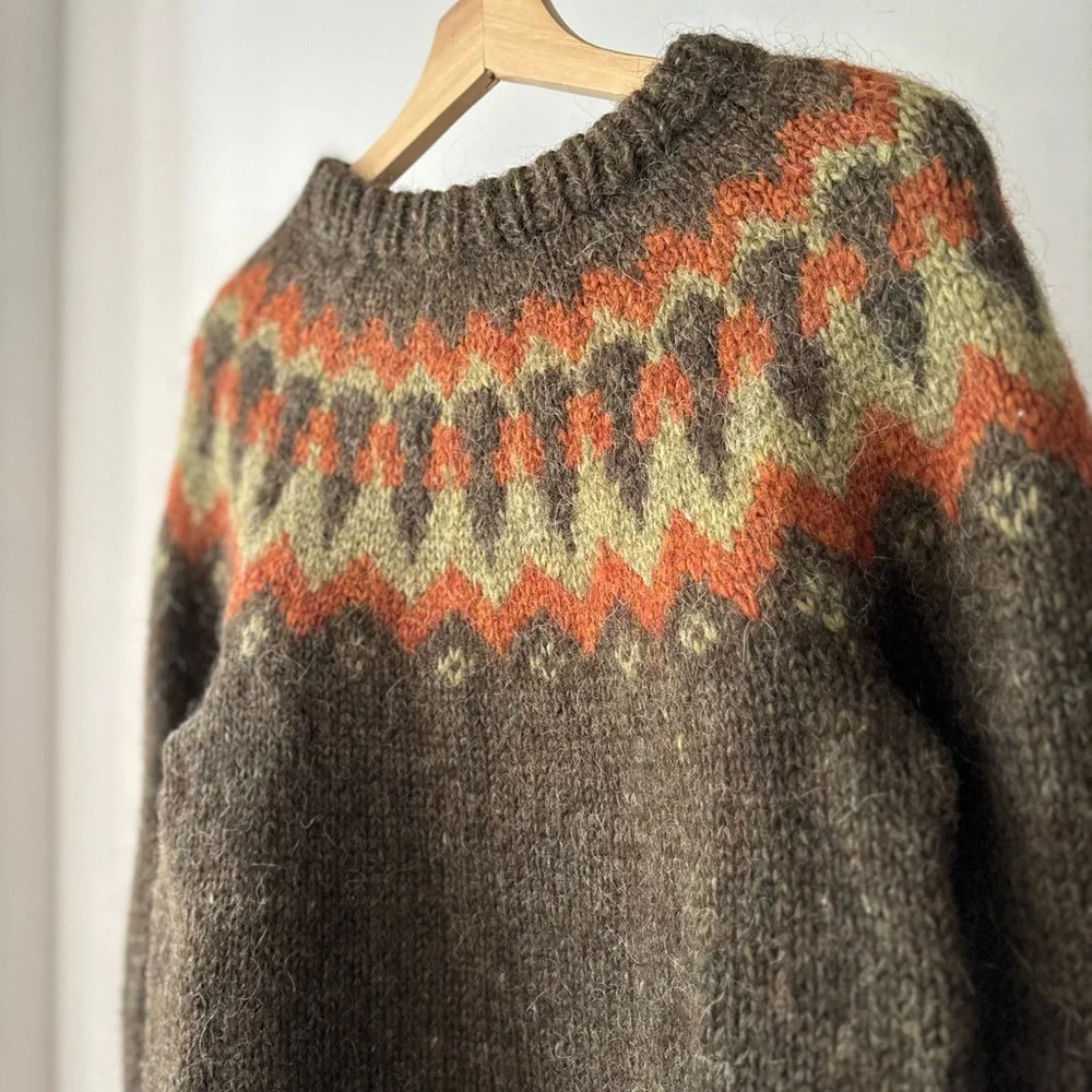 Vintage Handknit in Iceland Wool Fair isle Sweater | Brown & Green Crewneck Knit - Picture 6 of 7
